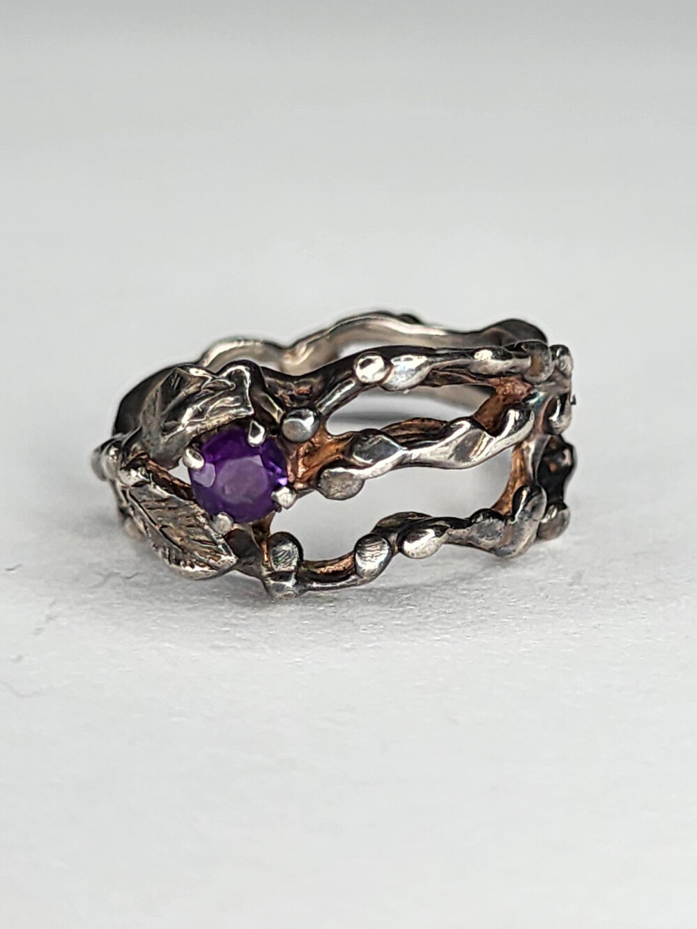 Vintage Sterling Silver Leaf And Purple Stone Accents